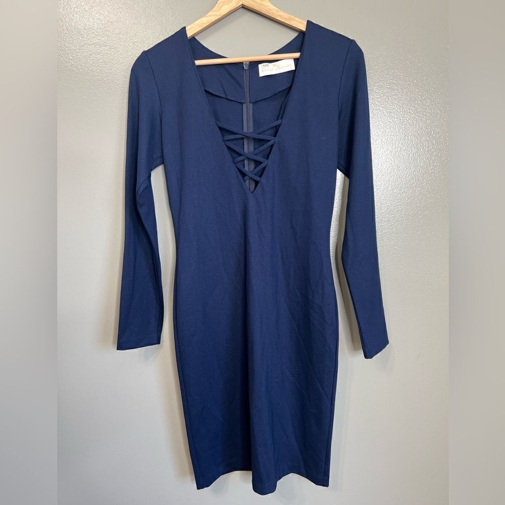 Amanda UpRichard navy blue long sleeve lattice front mini dress cocktail party‎